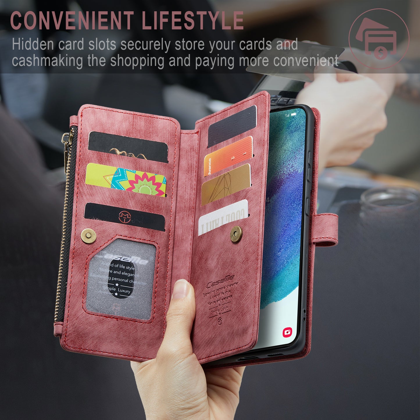 CASEME Multi-card Hand Strap Galaxy S21 FE Leather Case