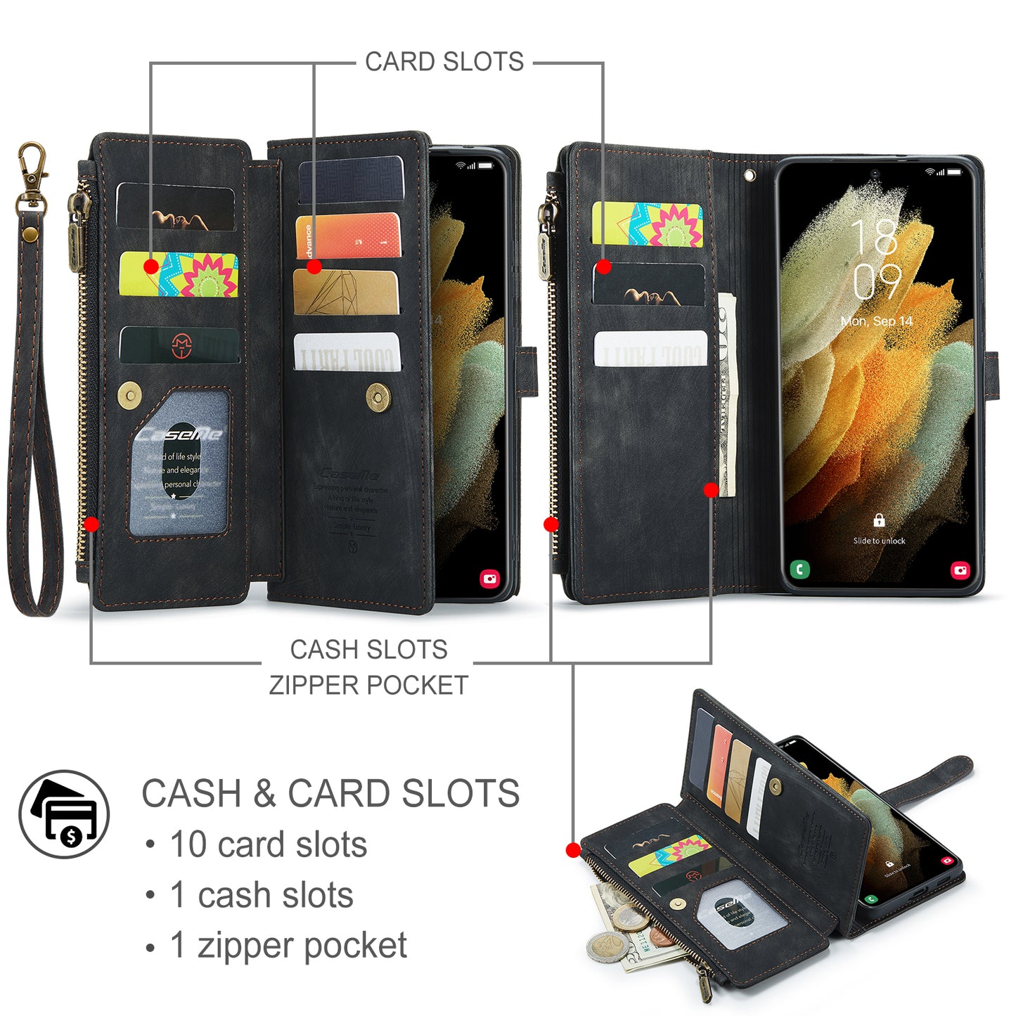 CASEME Multi-card Hand Strap Galaxy S21 Ultra Leather Case