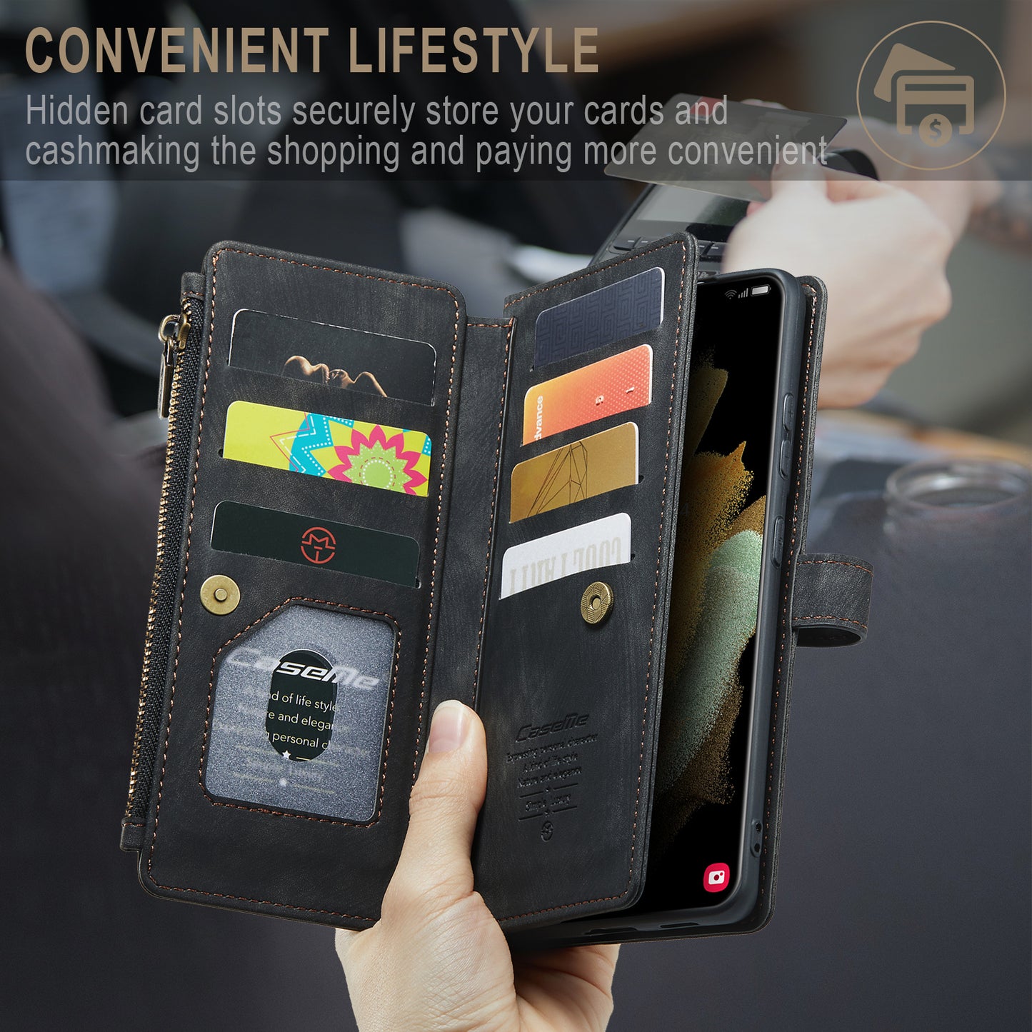 CASEME Multi-card Hand Strap Galaxy S21 Ultra Leather Case