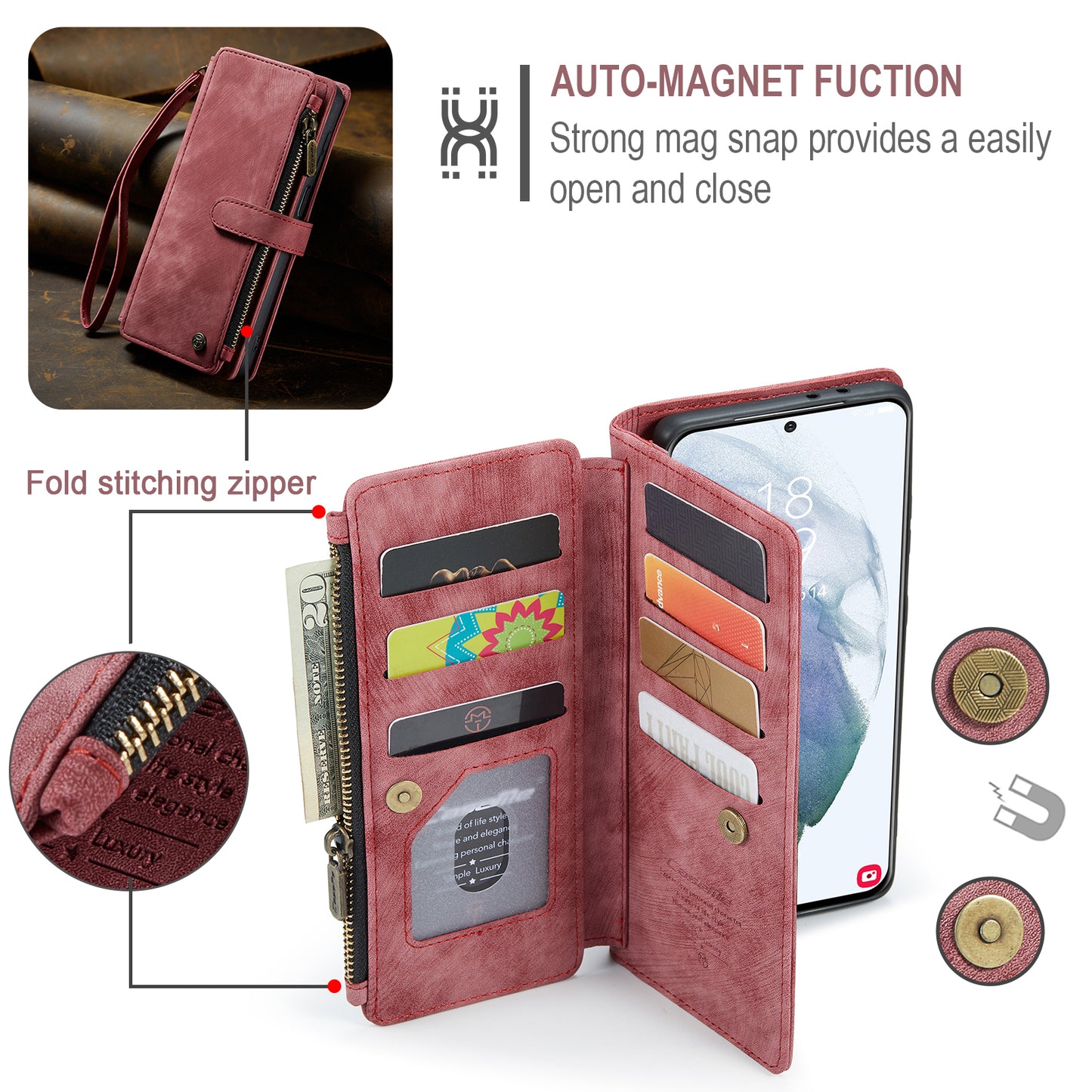 CASEME Multi-card Hand Strap Galaxy S21 Leather Case