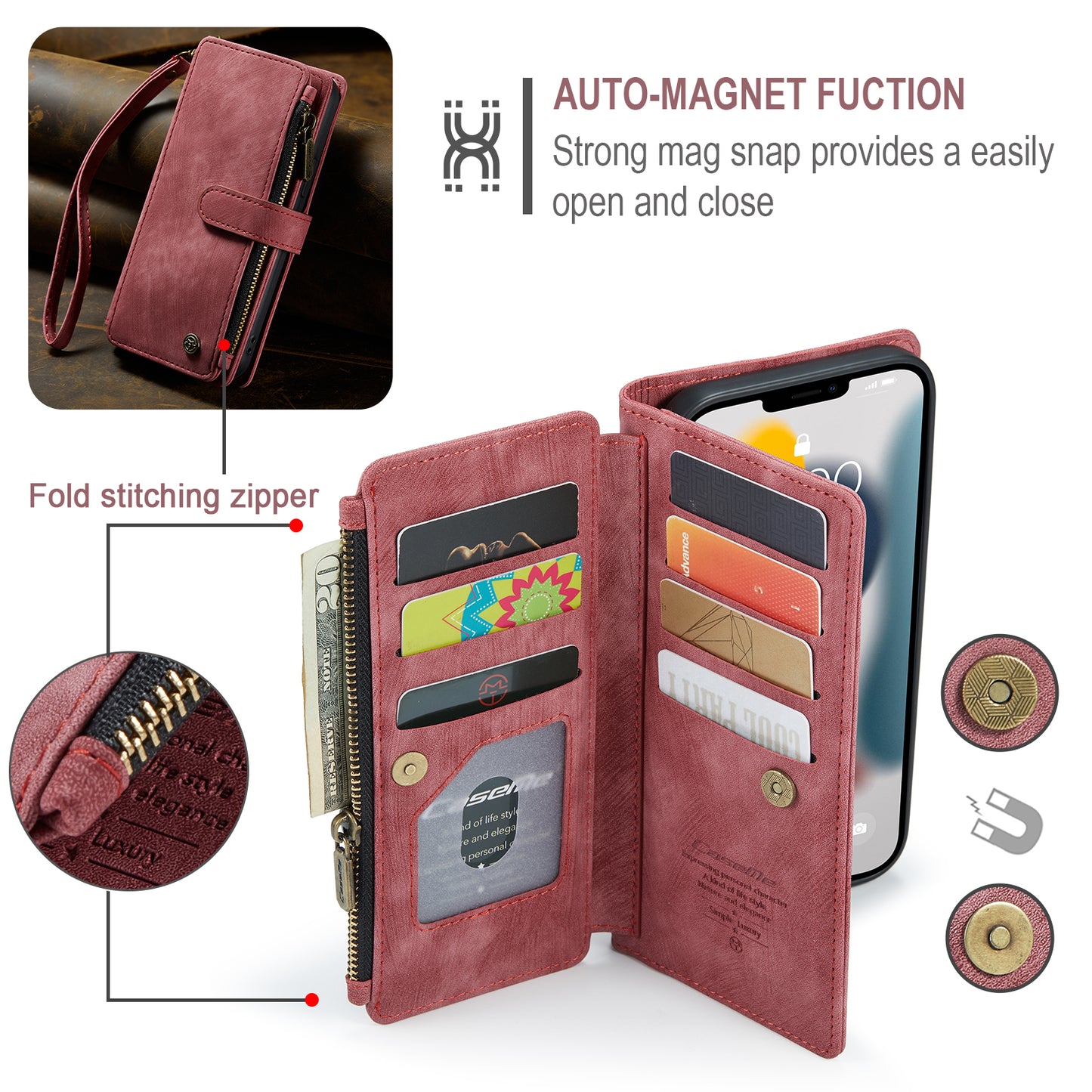 CASEME Multi-card Hand Strap iPhone 13 Pro Max Leather Case