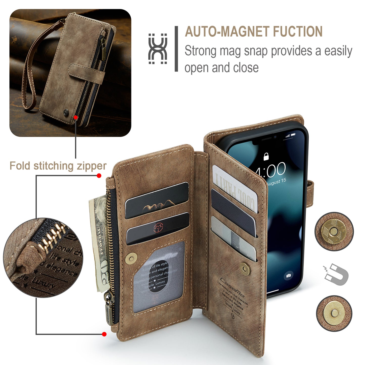 CASEME Multi-card Hand Strap iPhone 13 Pro Leather Case