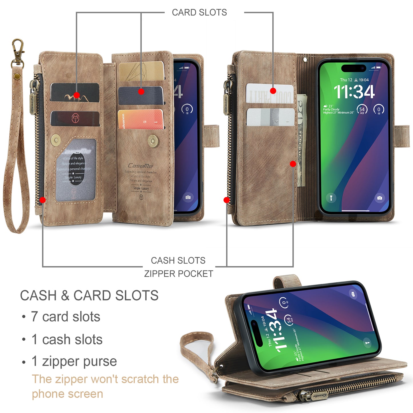 CASEME Multi-card Hand Strap iPhone 15 Leather Case