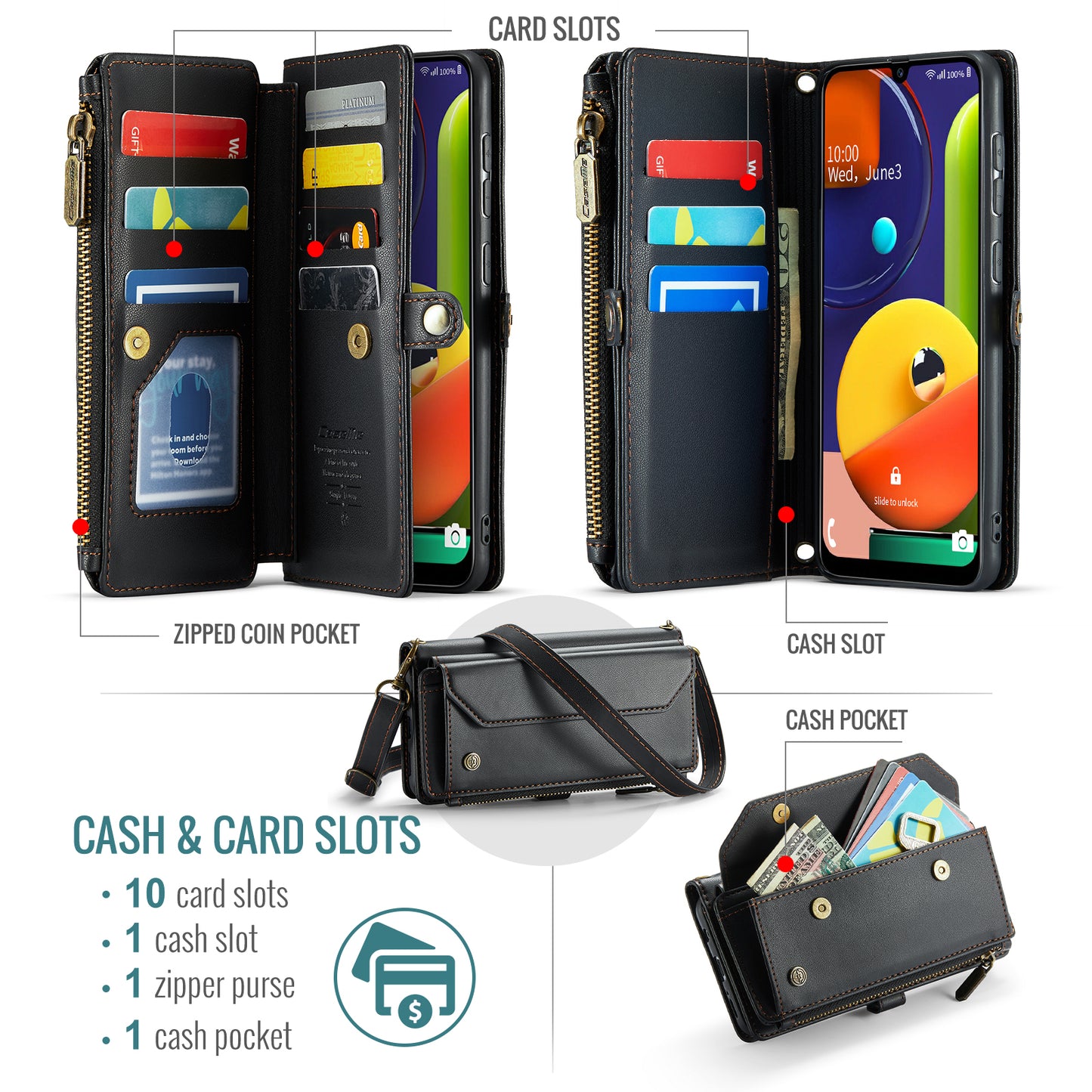 CASEME 3-in-1 Bag Crossbody Galaxy A50s Leather Case