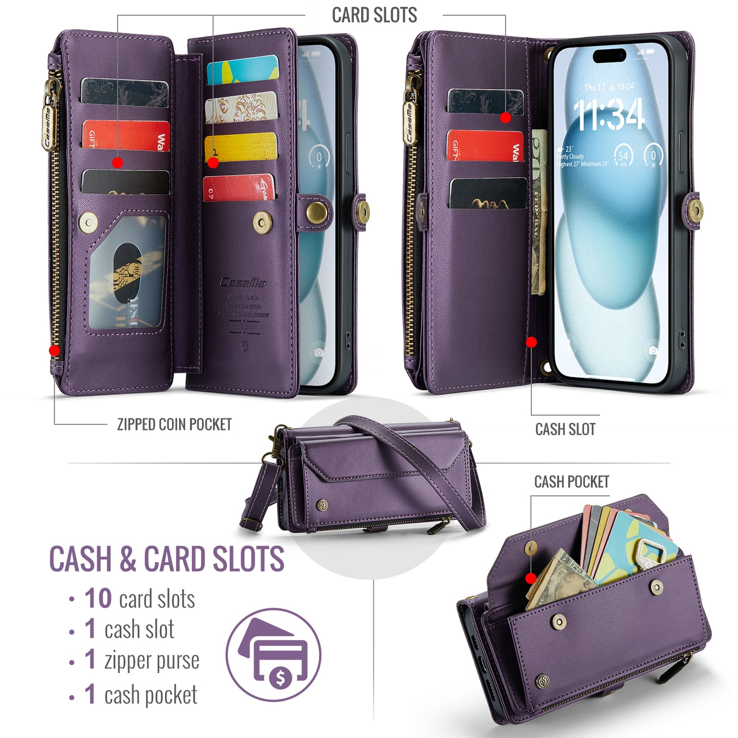 CASEME 3-in-1 Bag Crossbody iPhone 15 Plus Leather Case