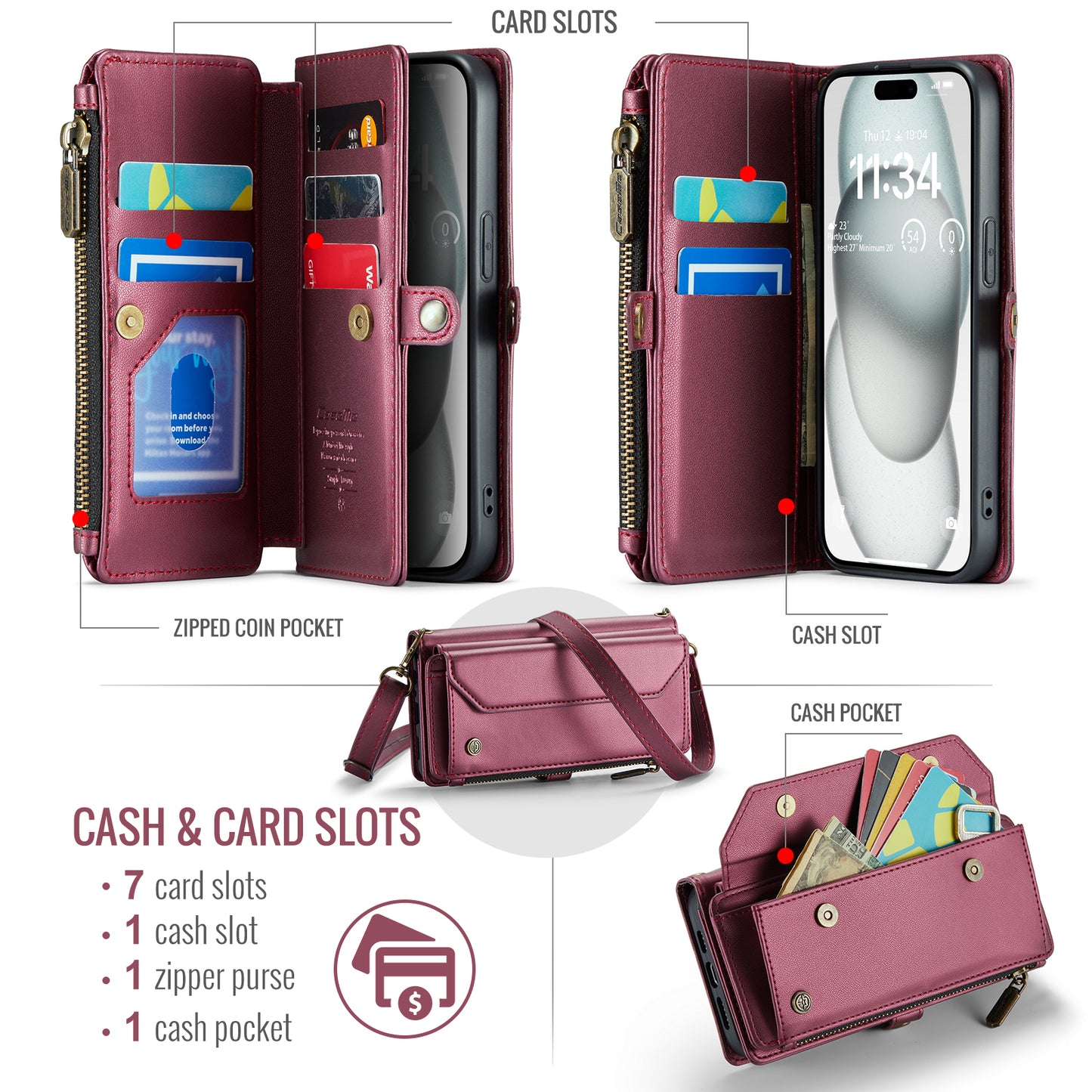 CASEME 3-in-1 Bag Crossbody iPhone 15 Leather Case