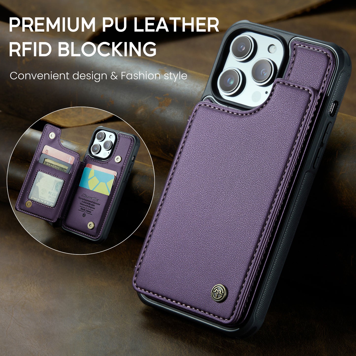 CASEME Sturdy Kickstand iPhone 15 Pro Max Leather Case Card Slots