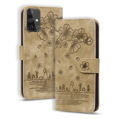 Cat Cherry Blossoms Galaxy A71 Grils Case Retro Leather Embossing Wallet Stand