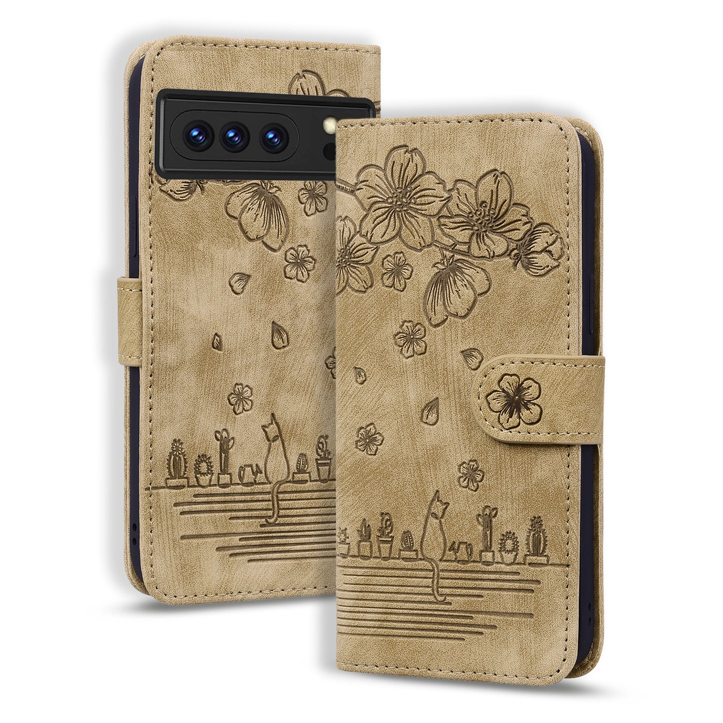 Cat Cherry Blossoms Google Pixel 8 Pro Grils Case Retro Leather Embossing Wallet Stand