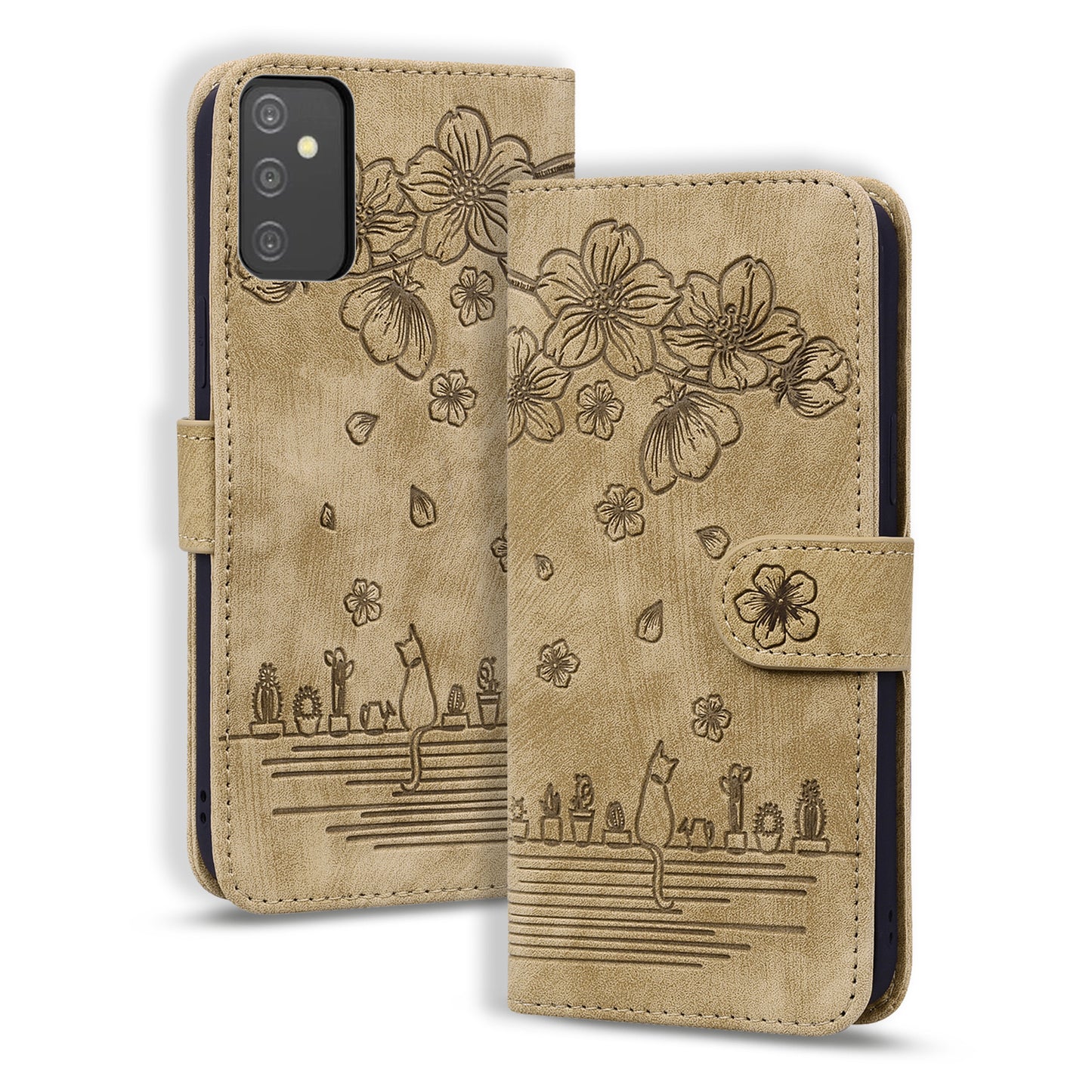 Cat Cherry Blossoms Galaxy A34 Grils Case Retro Leather Embossing Wallet Stand