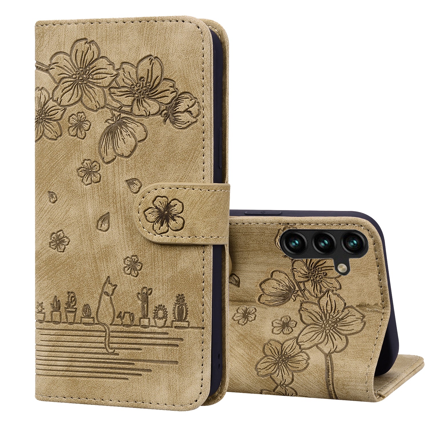 Cat Cherry Blossoms Galaxy S23+ Grils Case Retro Leather Embossing Wallet Stand