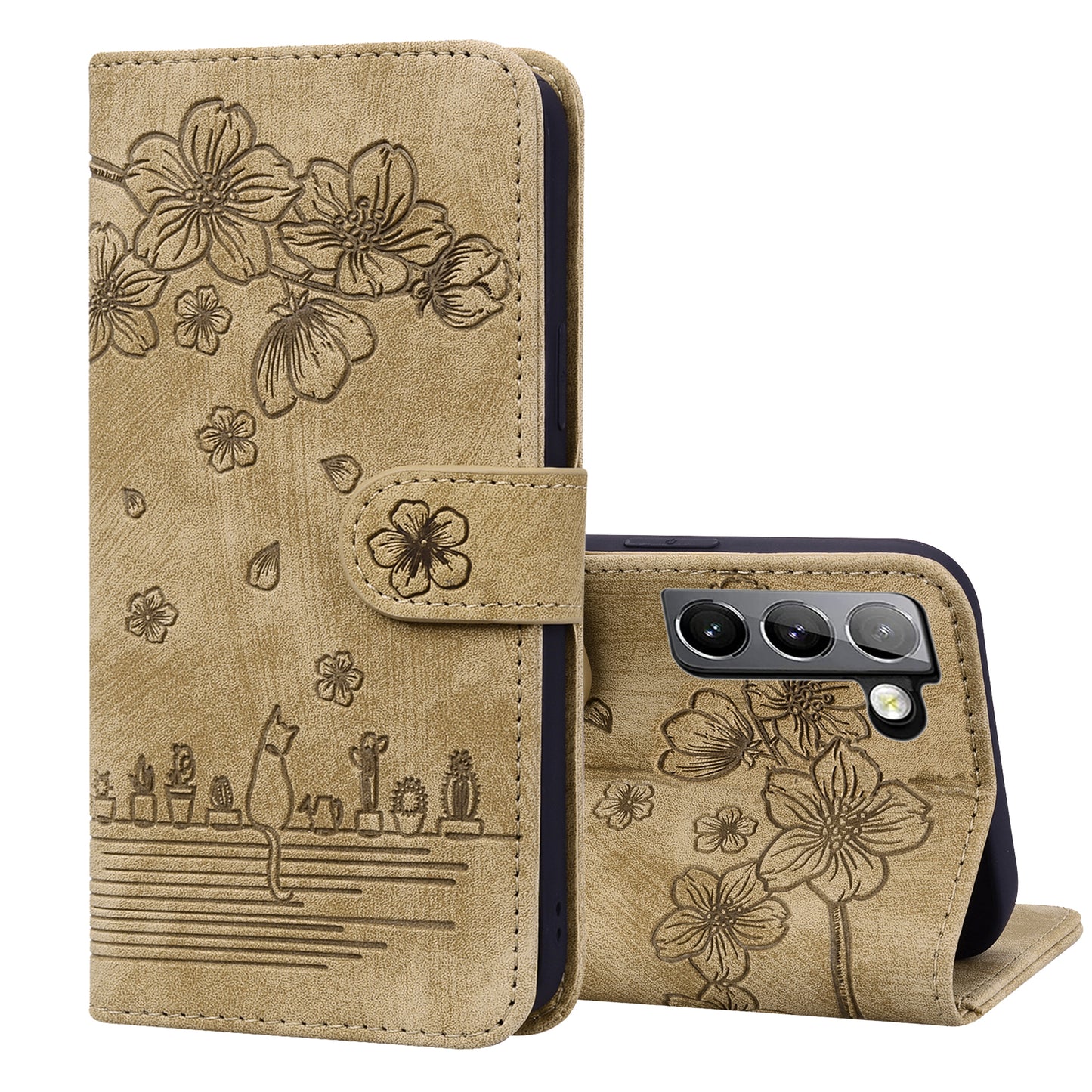 Cat Cherry Blossoms Galaxy S21 FE Grils Case Retro Leather Embossing Wallet Stand