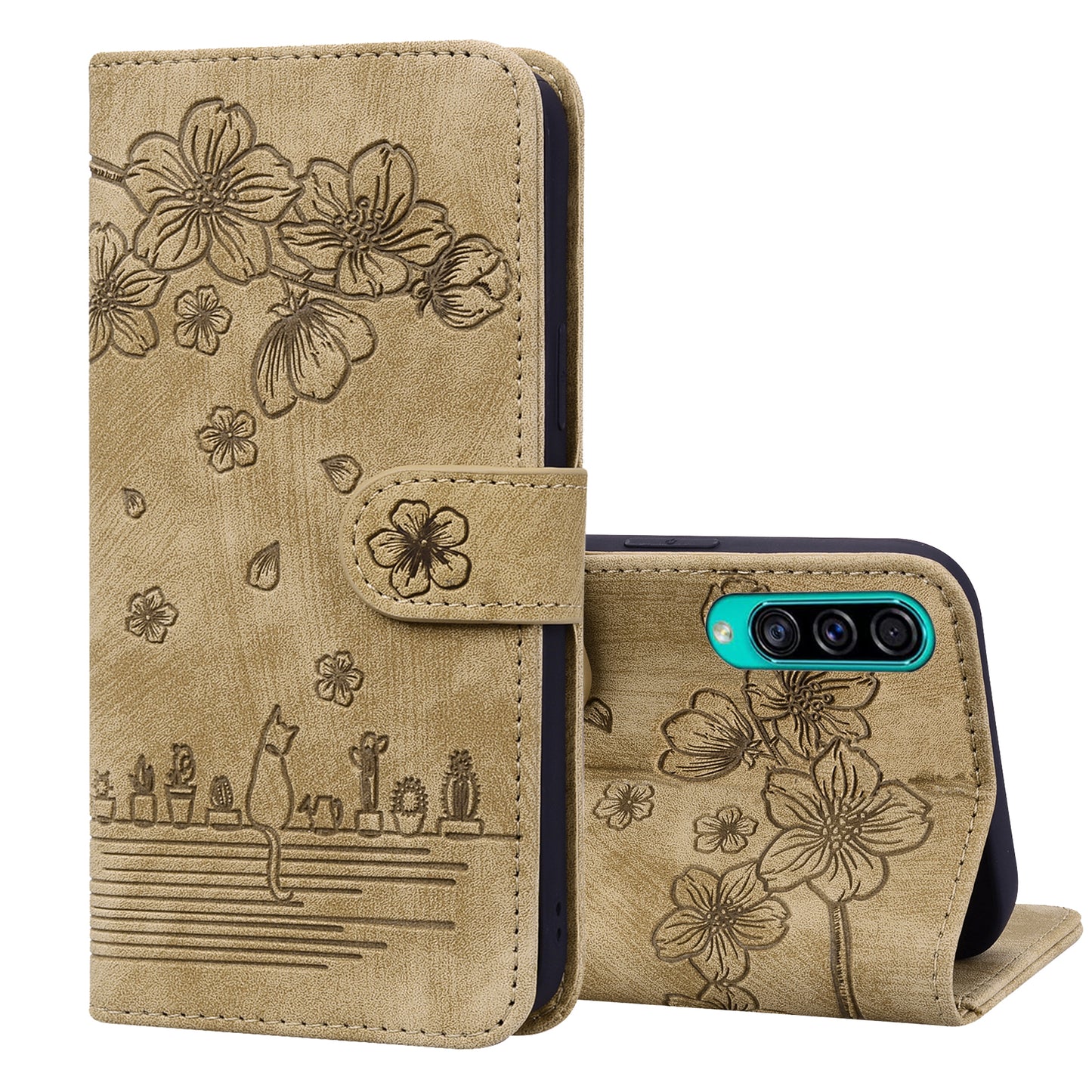 Cat Cherry Blossoms Galaxy A50 Grils Case Retro Leather Embossing Wallet Stand