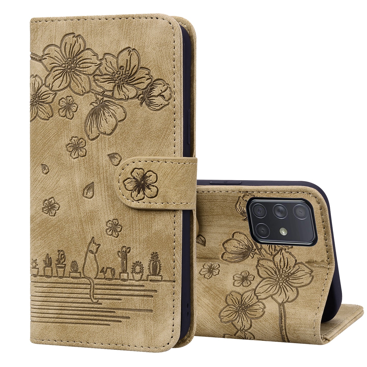 Cat Cherry Blossoms Galaxy A51 Grils Case Retro Leather Embossing Wallet Stand