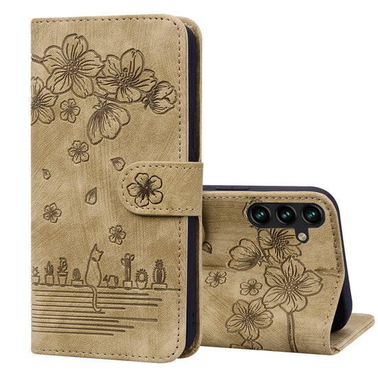 Cat Cherry Blossoms Galaxy S23 Grils Case Retro Leather Embossing Wallet Stand