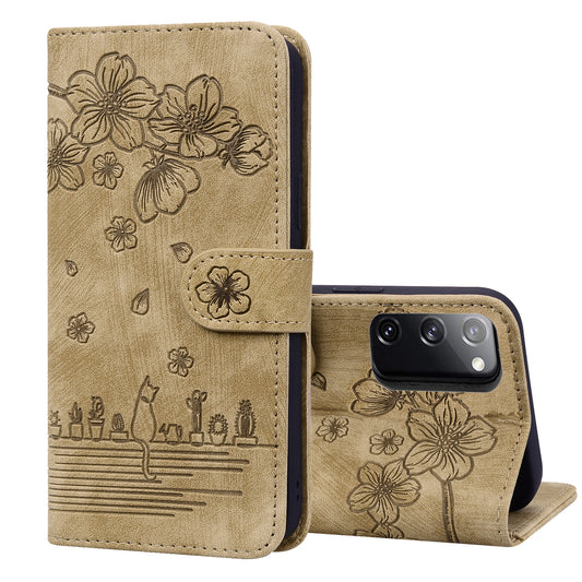 Cat Cherry Blossoms Galaxy S20+ Grils Case Retro Leather Embossing Wallet Stand