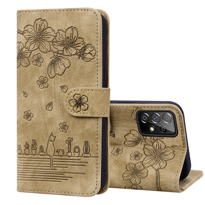 Cat Cherry Blossoms Galaxy A53 Grils Case Retro Leather Embossing Wallet Stand