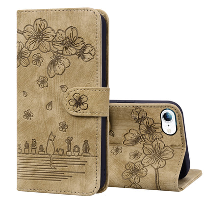 Cat Cherry Blossoms iPhone SE (2022) Grils Case Retro Leather Embossing Wallet Stand