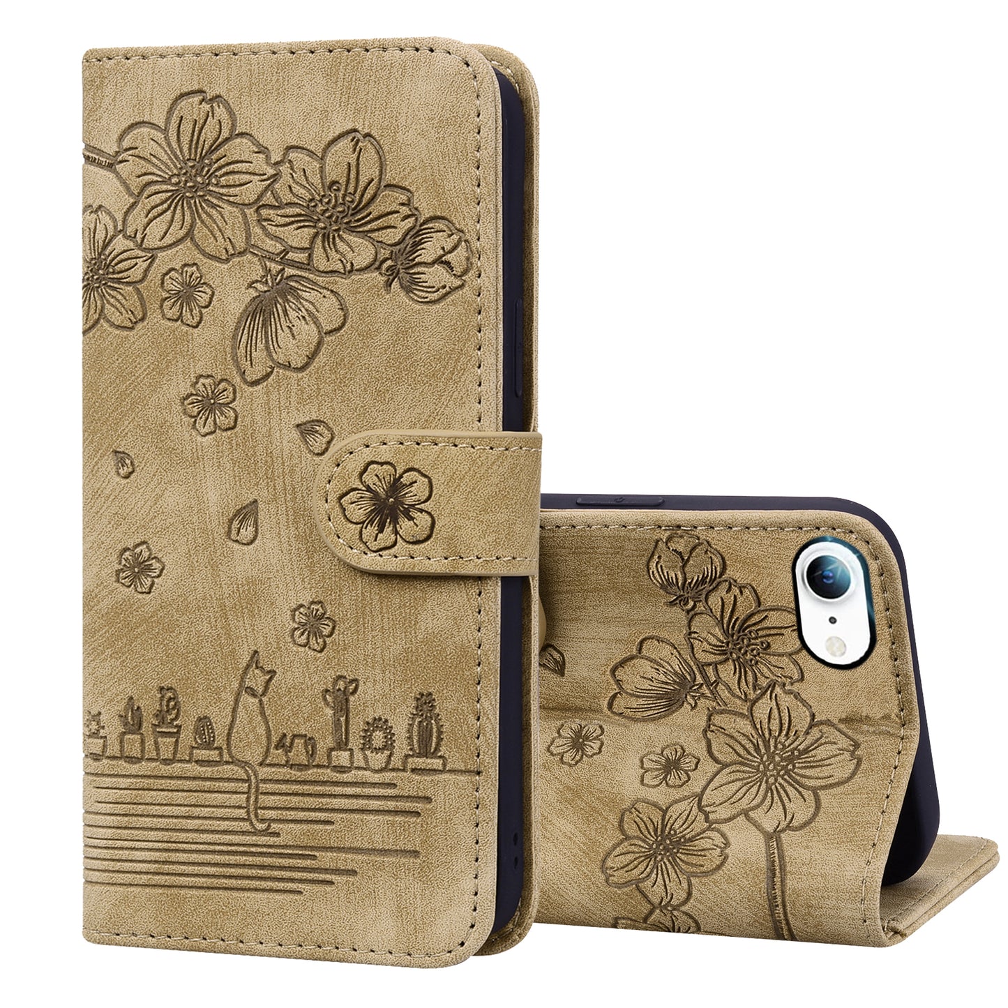 Cat Cherry Blossoms iPhone SE (2020) Grils Case Retro Leather Embossing Wallet Stand