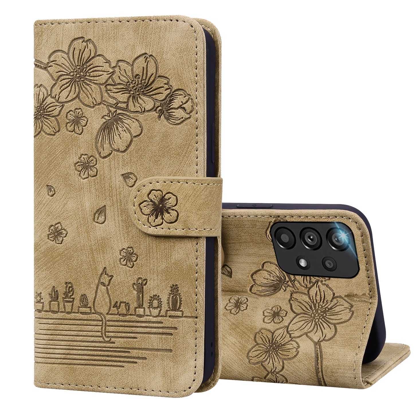 Cat Cherry Blossoms Galaxy A33 Grils Case Retro Leather Embossing Wallet Stand