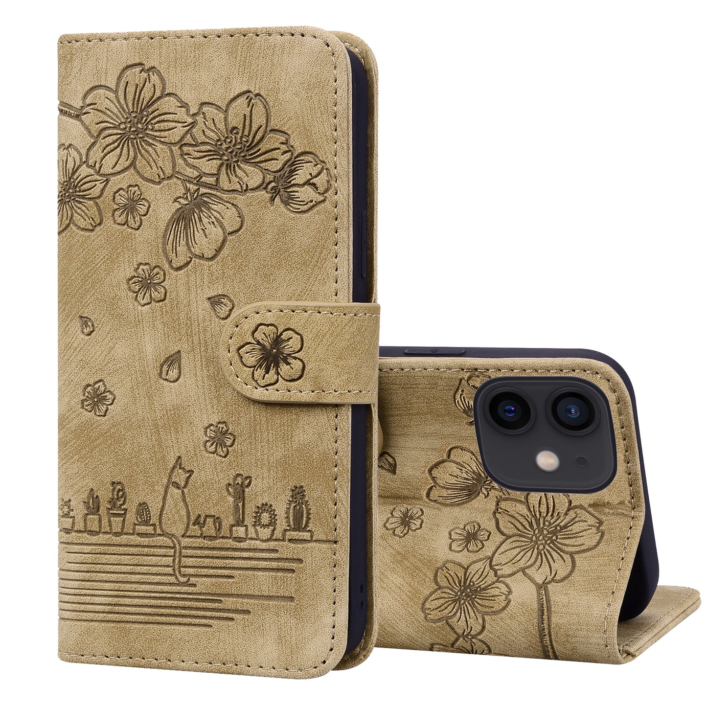 Cat Cherry Blossoms iPhone 11 Pro Grils Case Retro Leather Embossing Wallet Stand