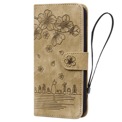 Cat Cherry Blossoms Google Pixel 7A Grils Case Retro Leather Embossing Wallet Stand