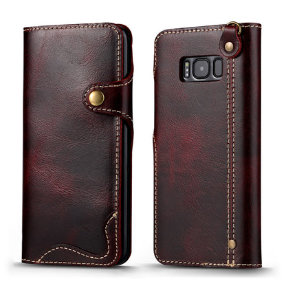 Waxed Cowhide Leather Galaxy S8+ Fastener Case Wallet Stand with Hand Strap