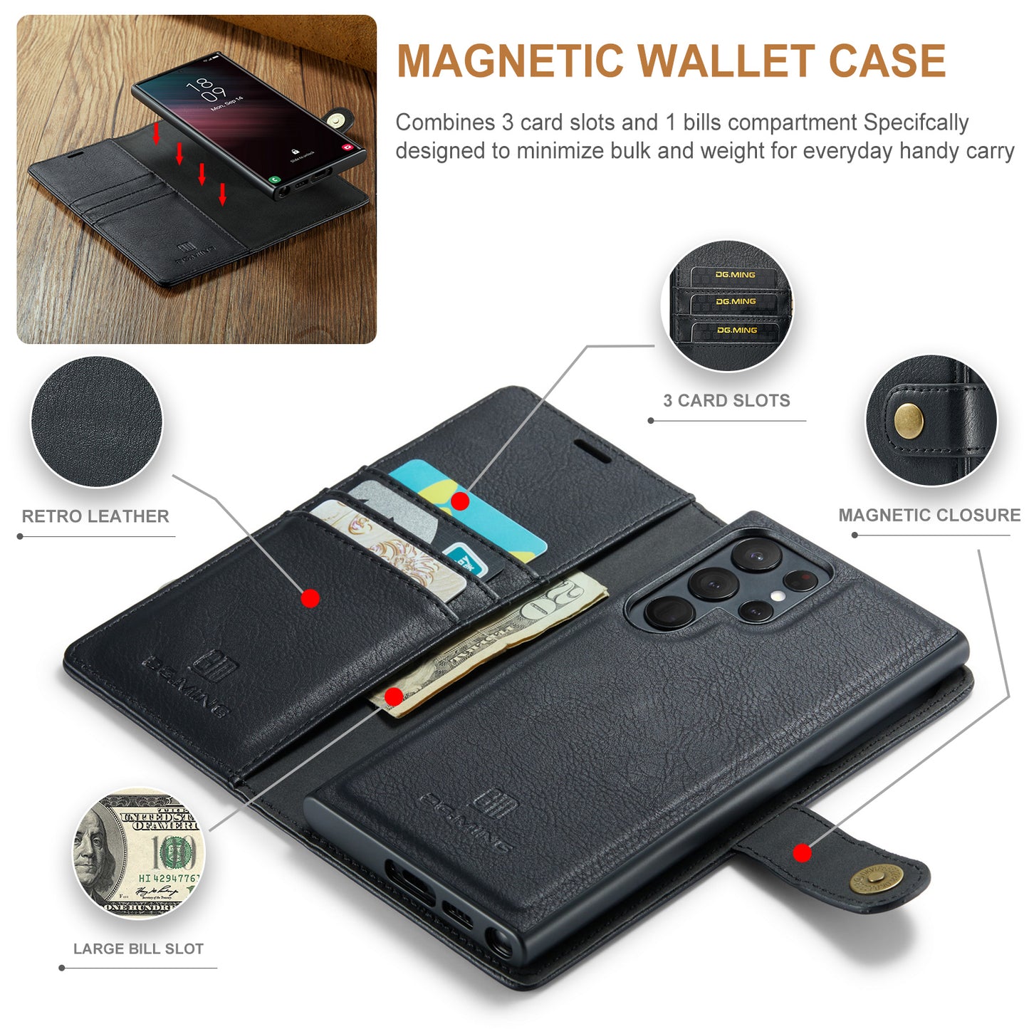 DG.MING Detachable 2 In 1 Wallet Galaxy S23 Ultra Leather Case