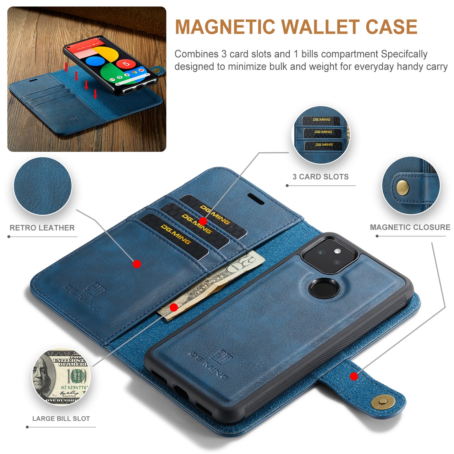 DG.MING Detachable 2 In 1 Wallet Google Pixel 5A Leather Case