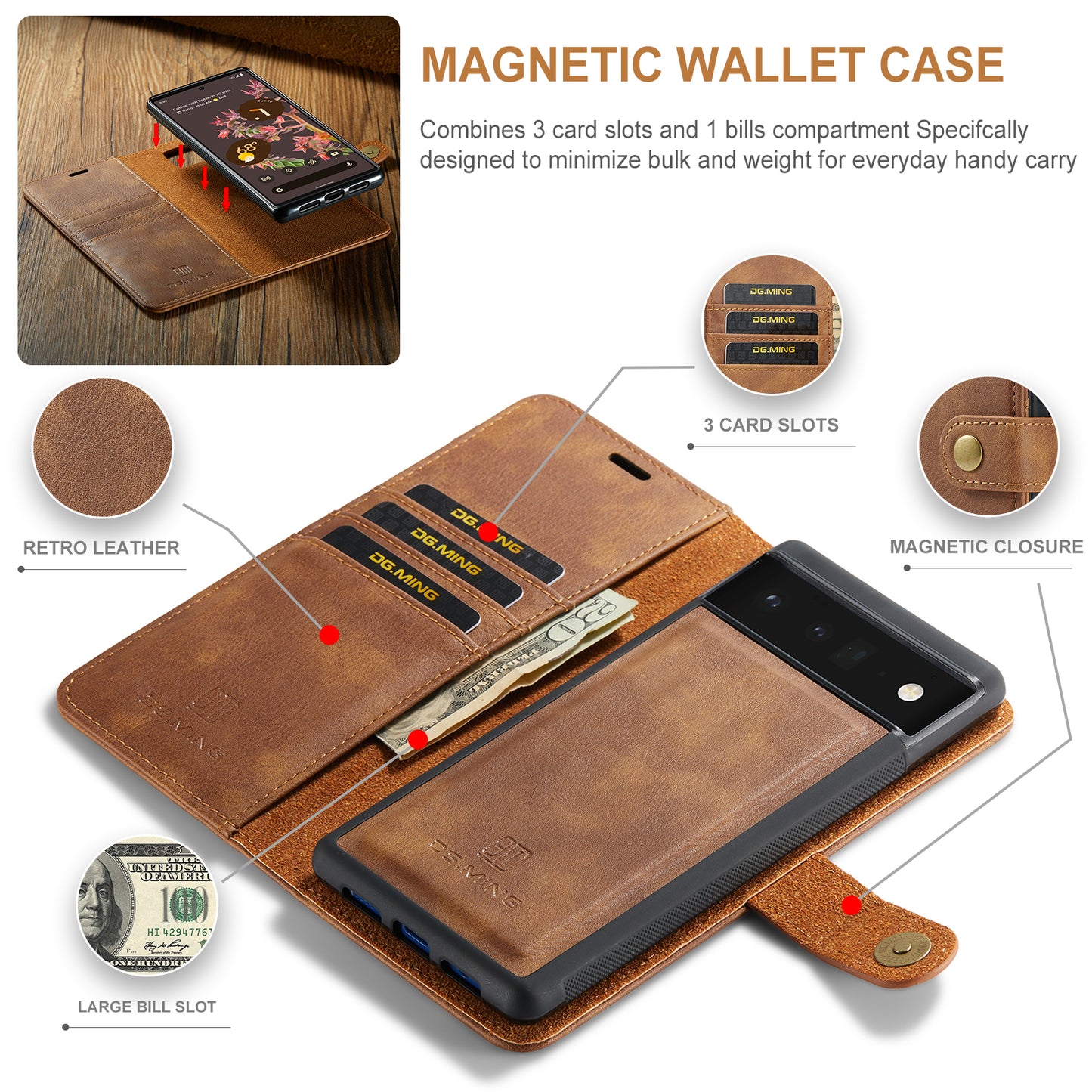 DG.MING Detachable 2 In 1 Wallet Google Pixel 6 Leather Case