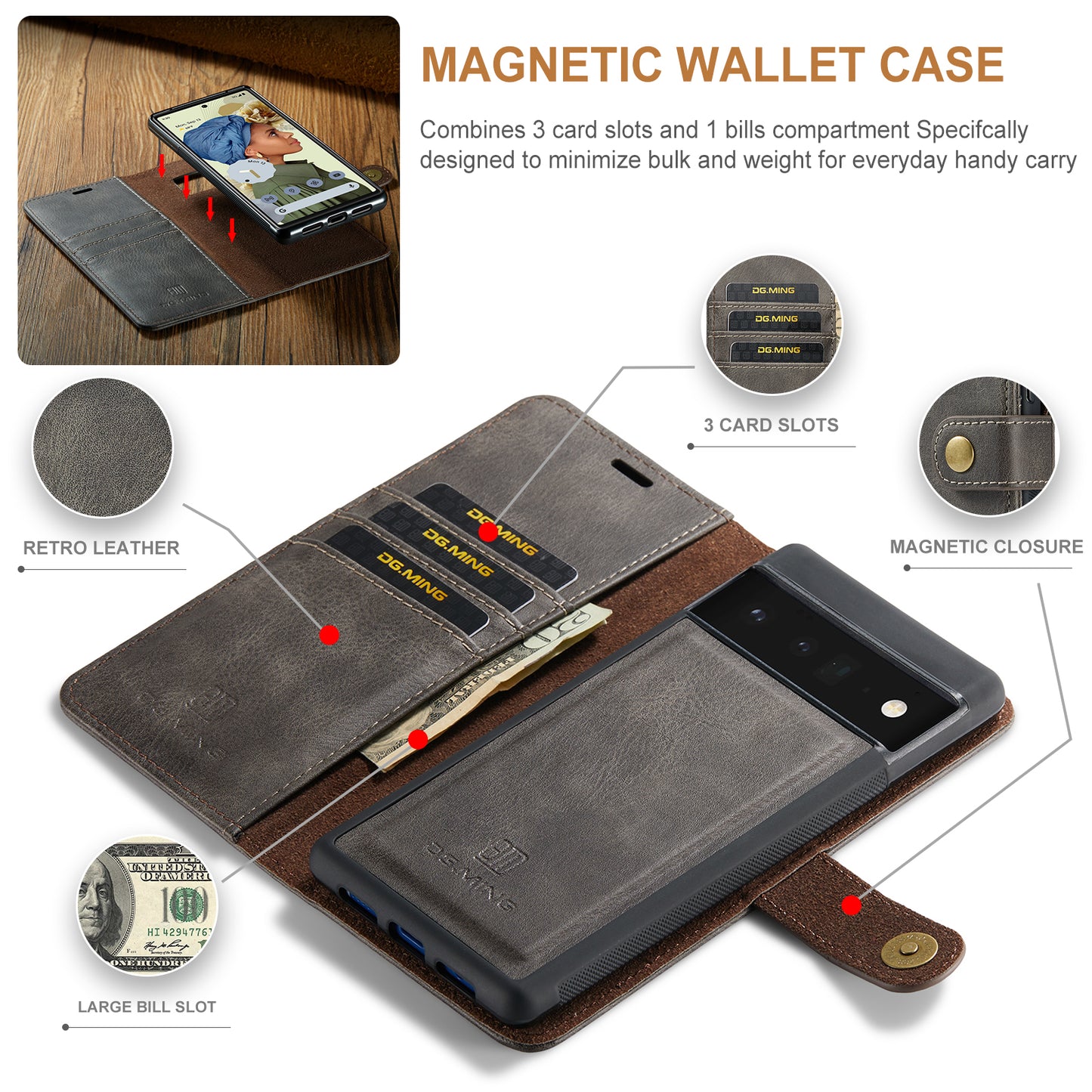 DG.MING Detachable 2 In 1 Wallet Google Pixel 6 Pro Leather Case