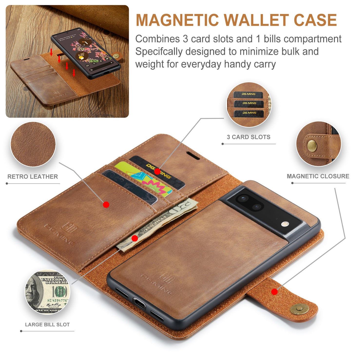 DG.MING Detachable 2 In 1 Wallet Google Pixel 7 Leather Case