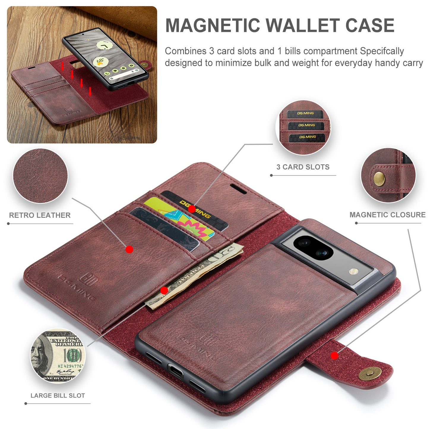 DG.MING Detachable 2 In 1 Wallet Google Pixel 7A Leather Case