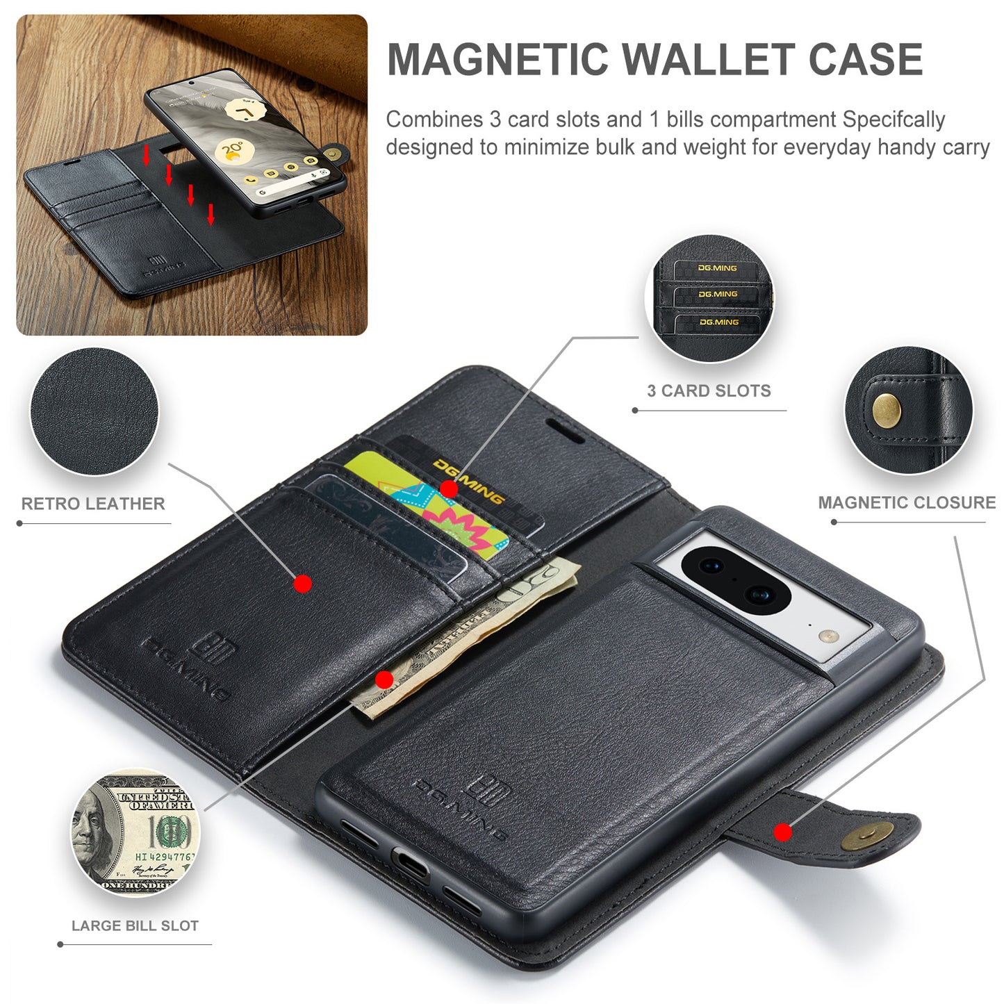 DG.MING Detachable 2 In 1 Wallet Google Pixel 9 Leather Case