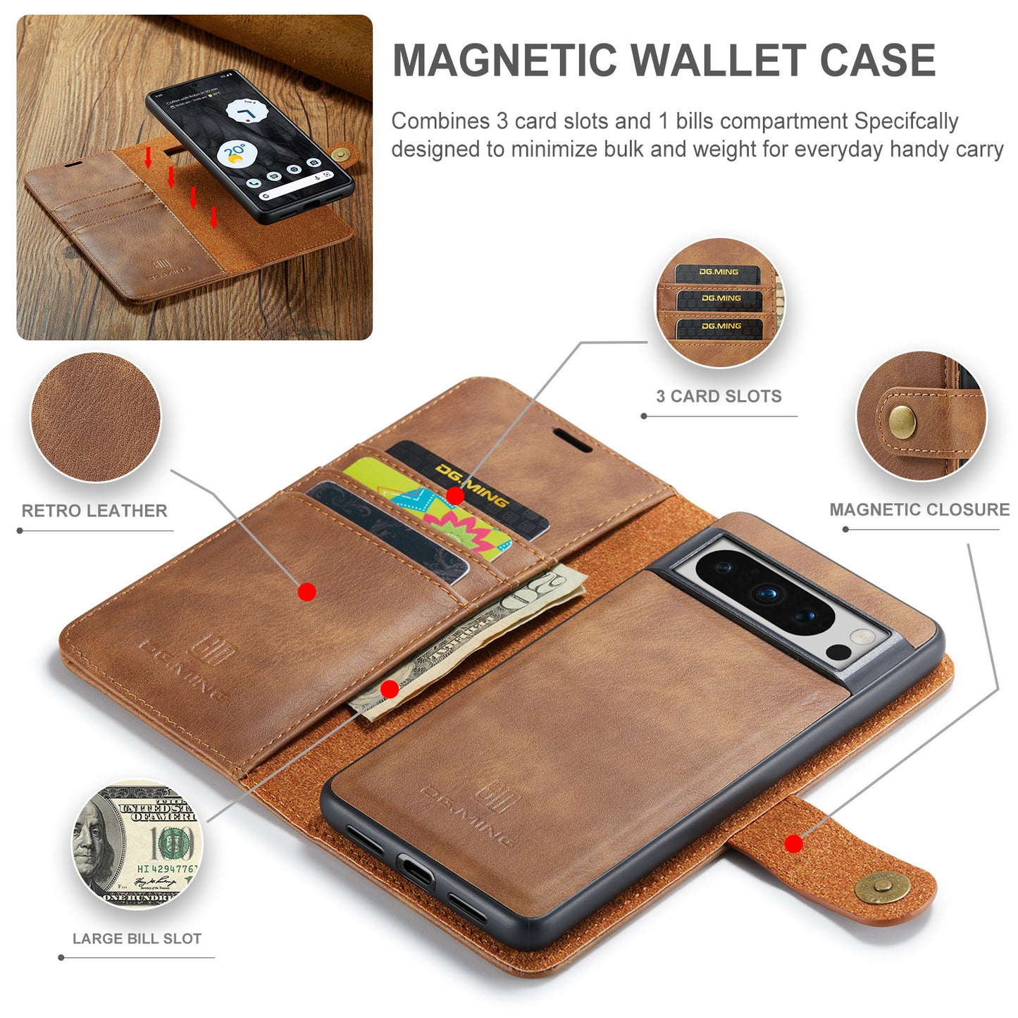 DG.MING Detachable 2 In 1 Wallet Google Pixel 9 Pro XL Leather Case