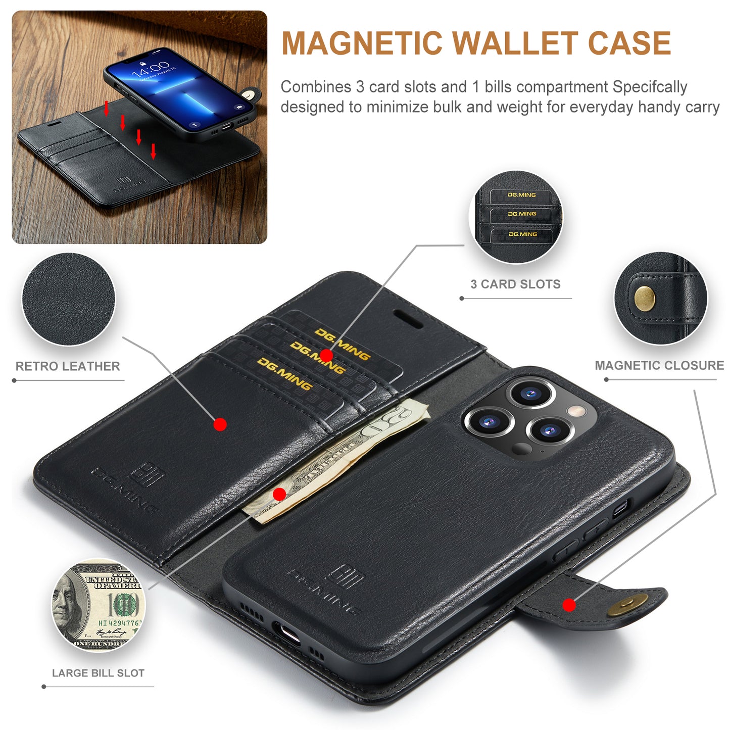 DG.MING Detachable 2 In 1 Wallet iPhone 13 Pro Leather Case