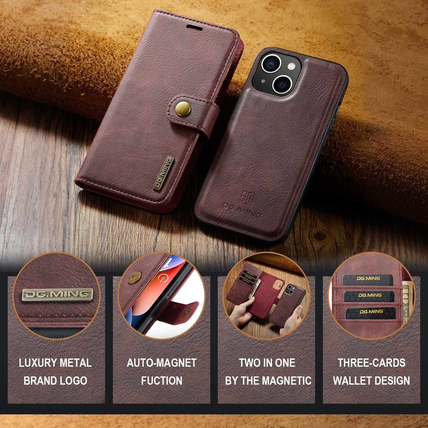 DG.MING Detachable 2 In 1 Wallet iPhone 14 Plus Leather Case