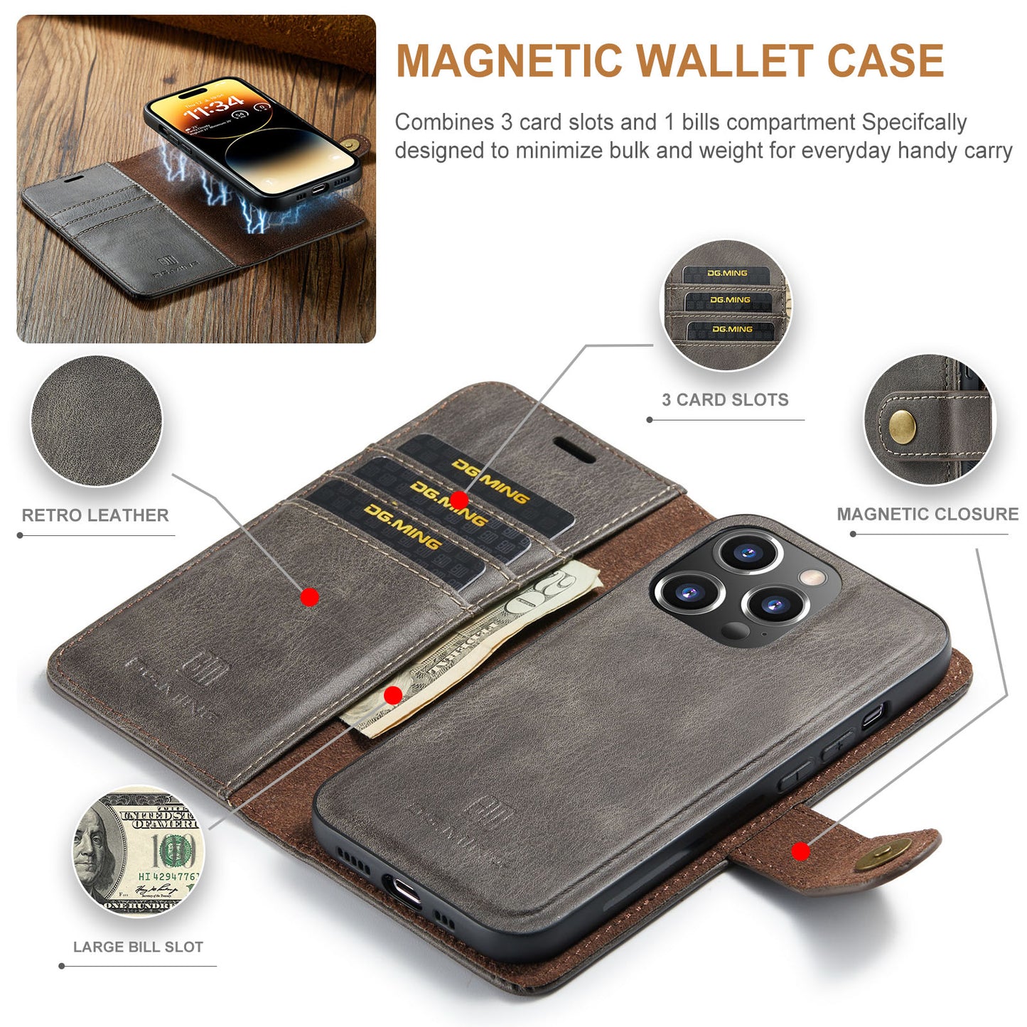 DG.MING Detachable 2 In 1 Wallet iPhone 14 Pro Max Leather Case