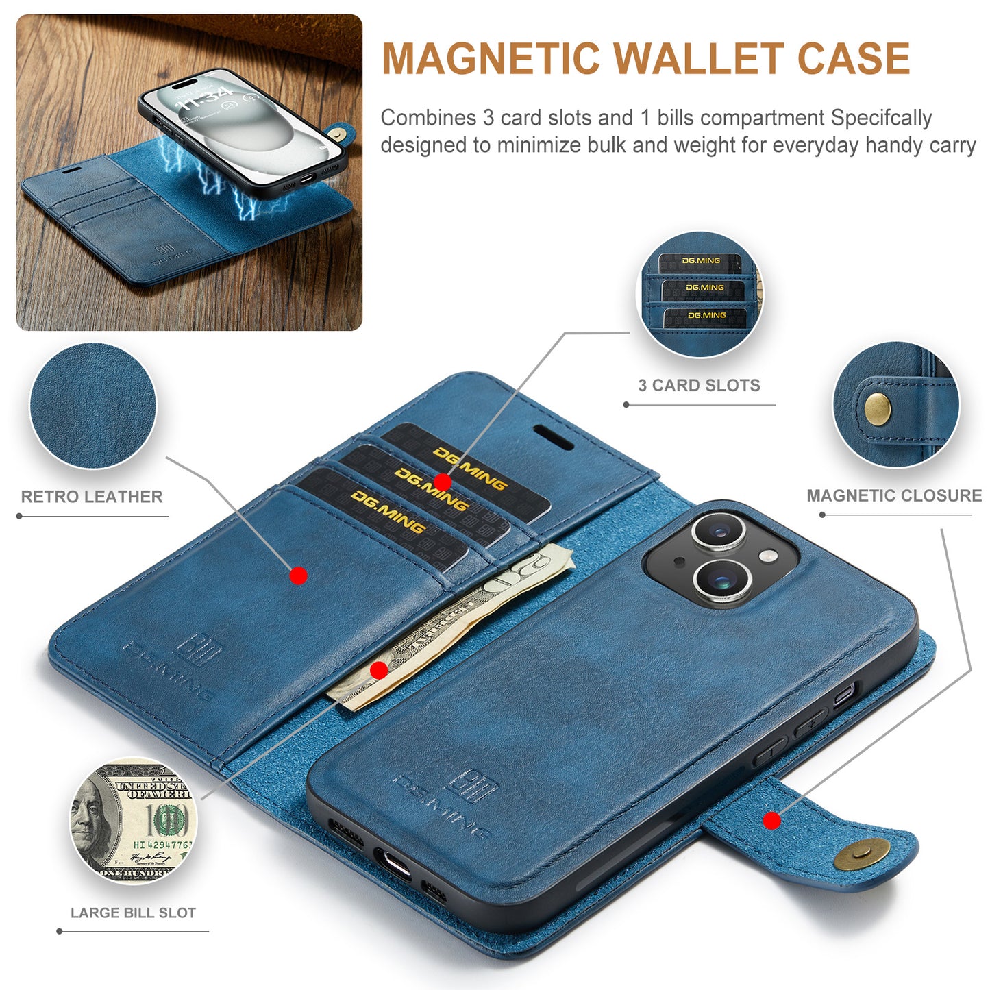 DG.MING Detachable 2 In 1 Wallet iPhone 15 Leather Case