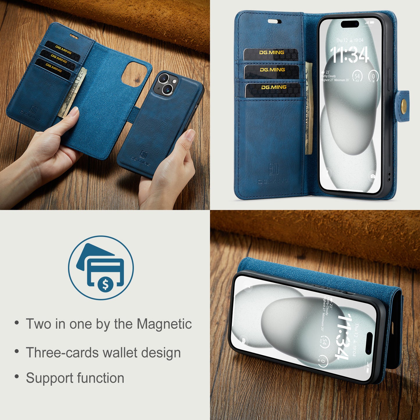 DG.MING Detachable 2 In 1 Wallet iPhone 15 Leather Case