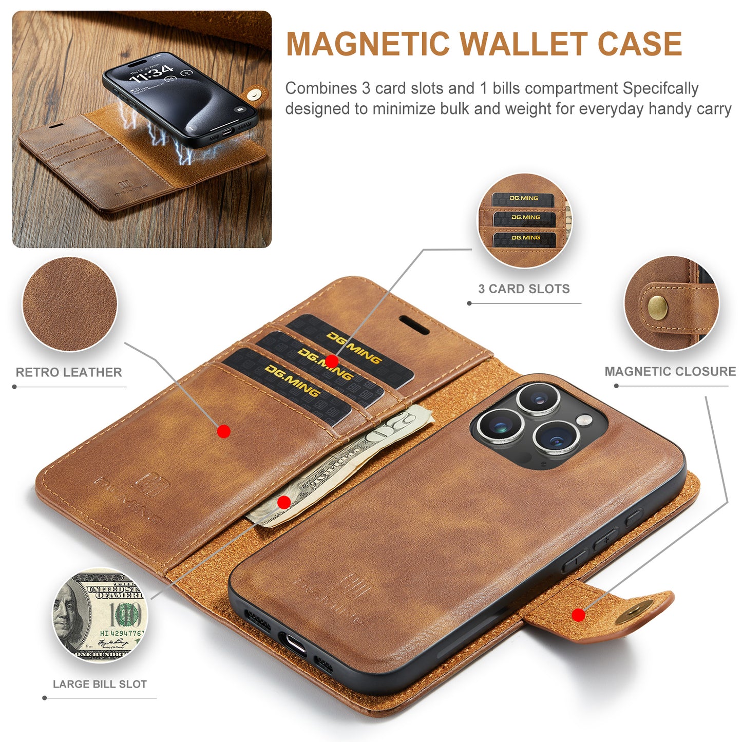 DG.MING Detachable 2 In 1 Wallet iPhone 15 Pro Leather Case