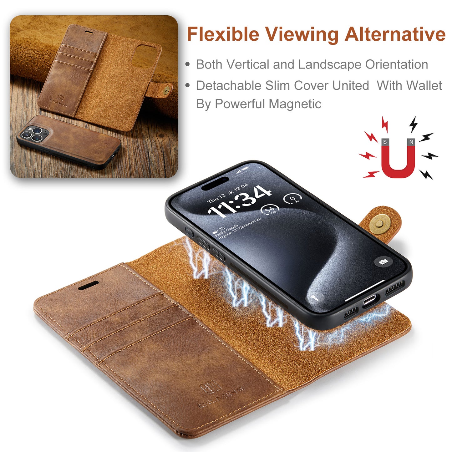 DG.MING Detachable 2 In 1 Wallet iPhone 15 Pro Leather Case