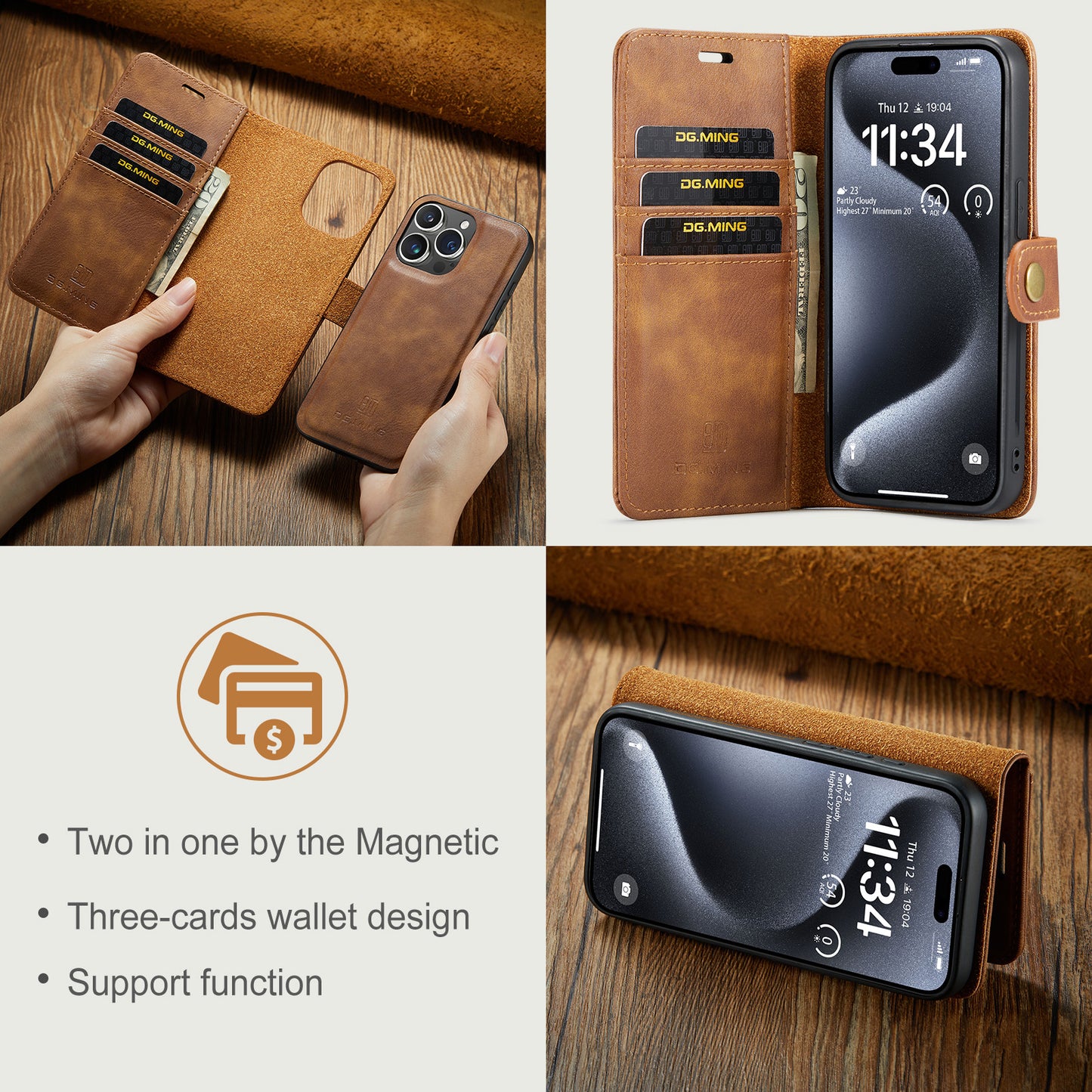 DG.MING Detachable 2 In 1 Wallet iPhone 15 Pro Leather Case