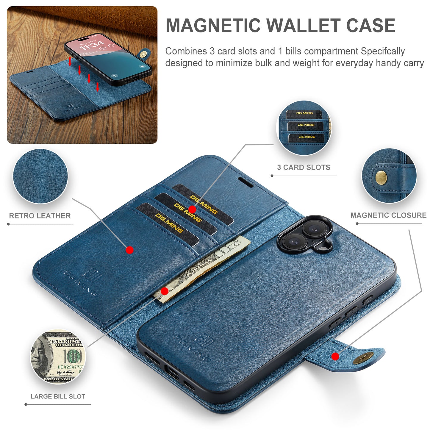 DG.MING Detachable 2 In 1 Wallet iPhone 16 Leather Case