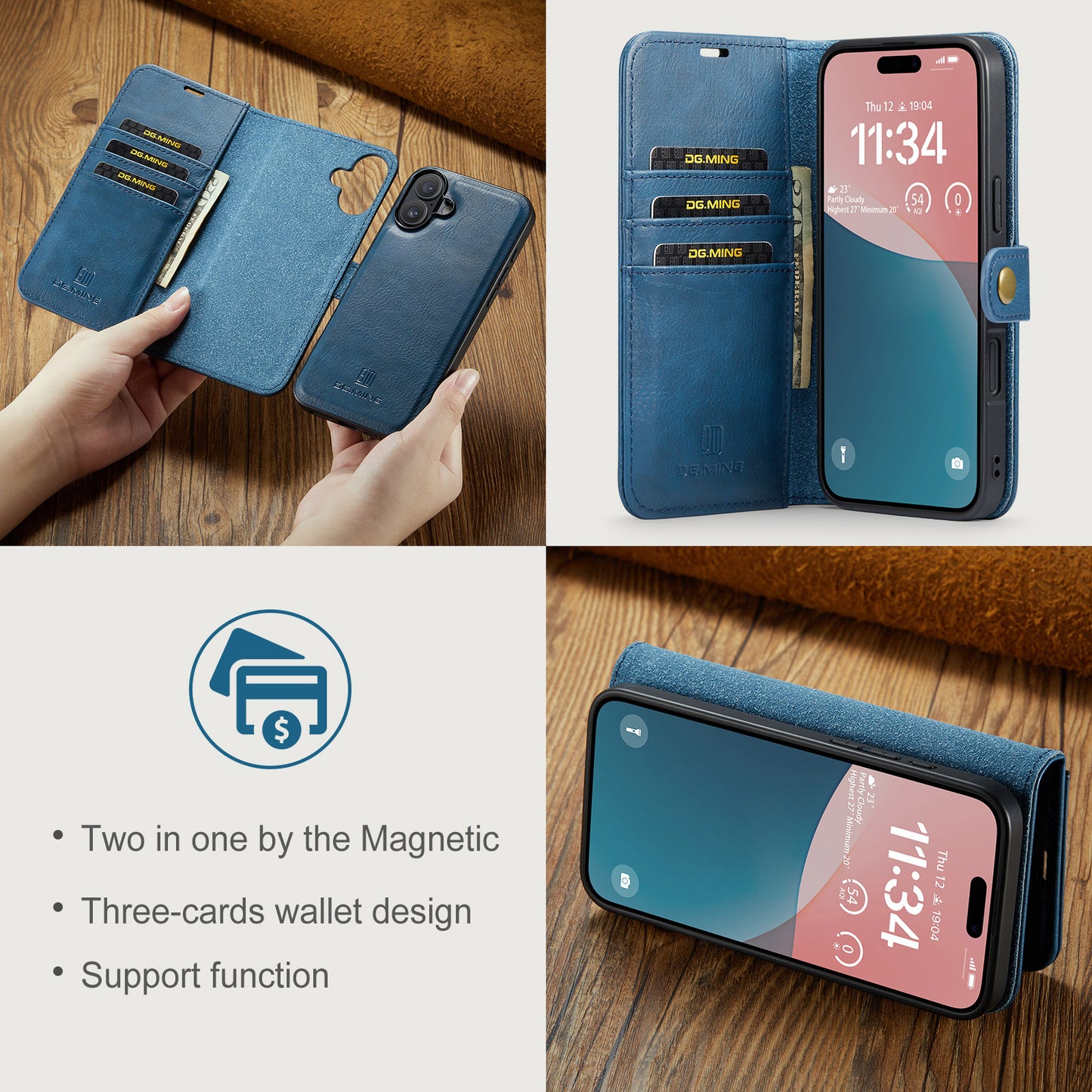 DG.MING Detachable 2 In 1 Wallet iPhone 16 Leather Case