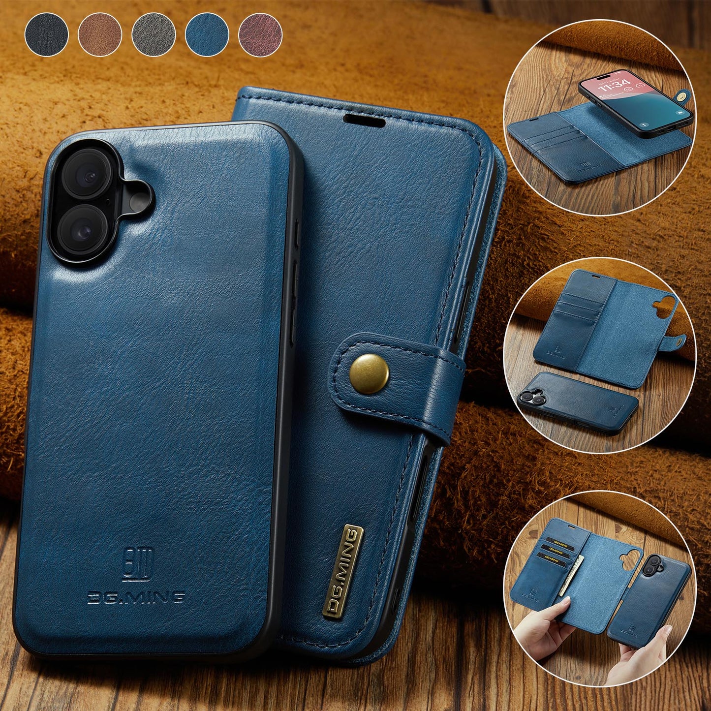 DG.MING Detachable 2 In 1 Wallet iPhone 16 Leather Case