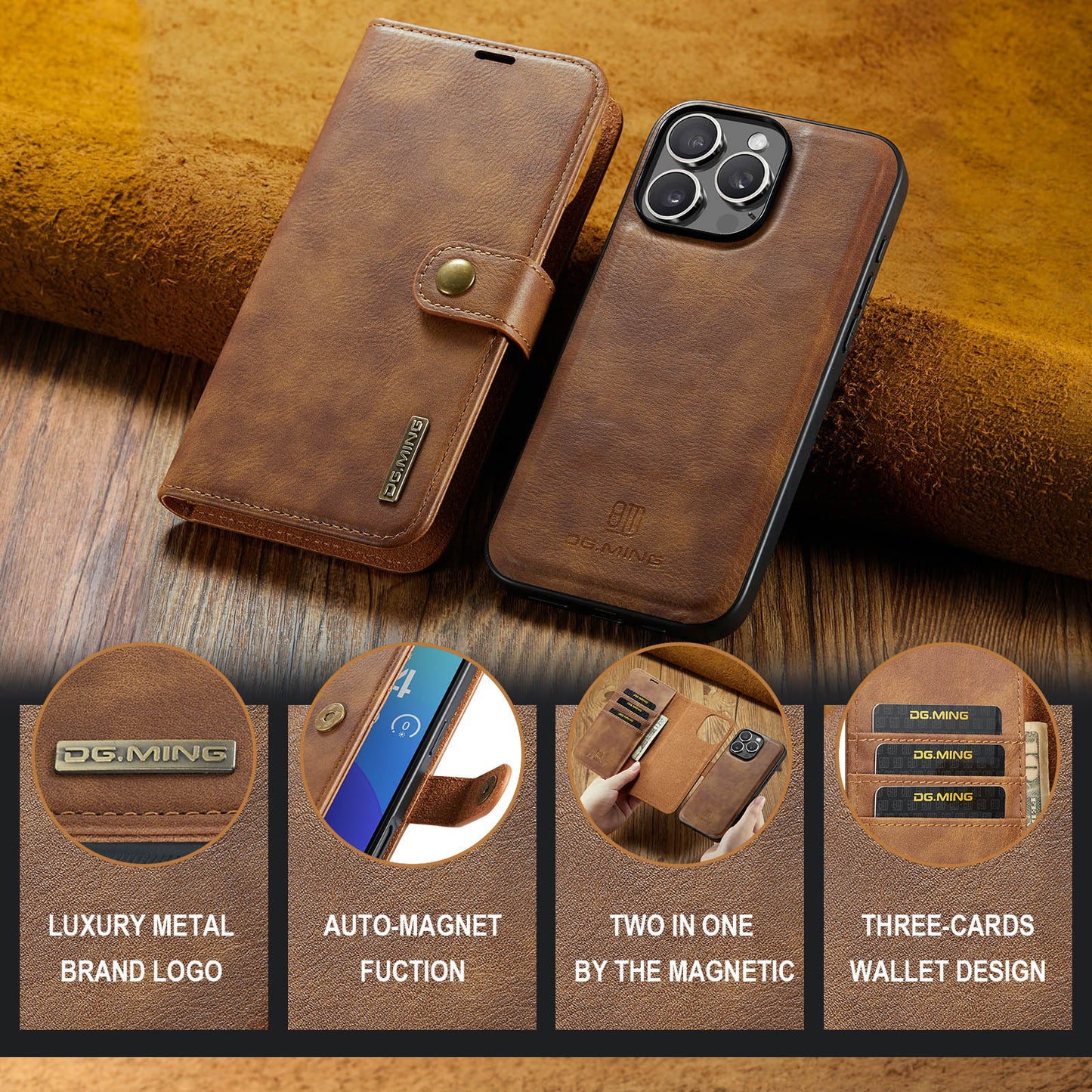 DG.MING Detachable 2 In 1 Wallet iPhone 16 Pro Leather Case