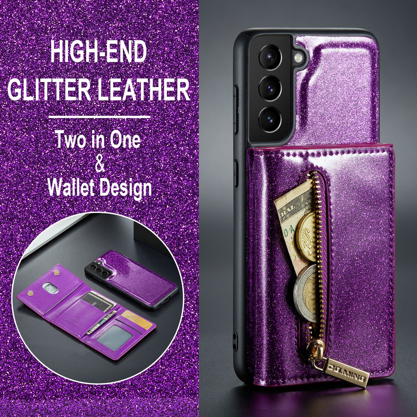 DG.MING Glitter Leather 2-in-1 Wallet Galaxy S21 FE Case