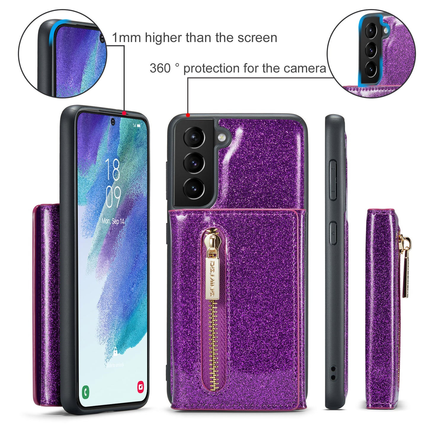 DG.MING Glitter Leather 2-in-1 Wallet Galaxy S21 FE Case