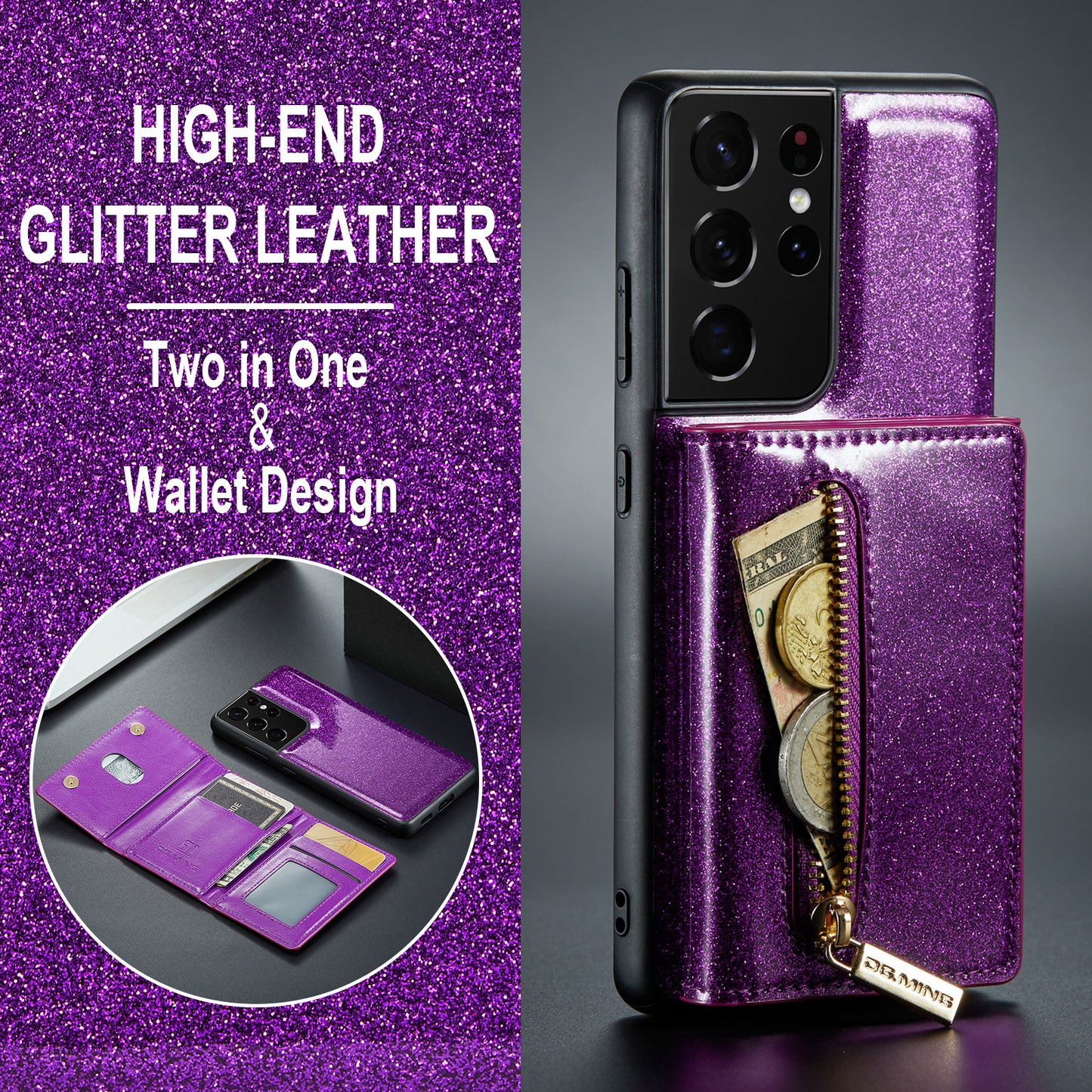 DG.MING Glitter Leather 2-in-1 Wallet Galaxy S21 Ultra Case